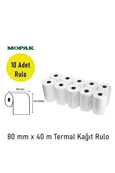 Mopak 80x40 Termal Rulo Adisyon Yazarkasa Pos Fiş Bilgi 80*40 Yemek Fişi Termal Rulosu 1paket 10rulo