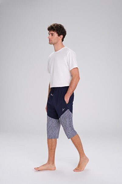 Haşema Desenli Lacivert Beyaz Uzun Erkek Havuz Ve Deniz Şortu 24-7