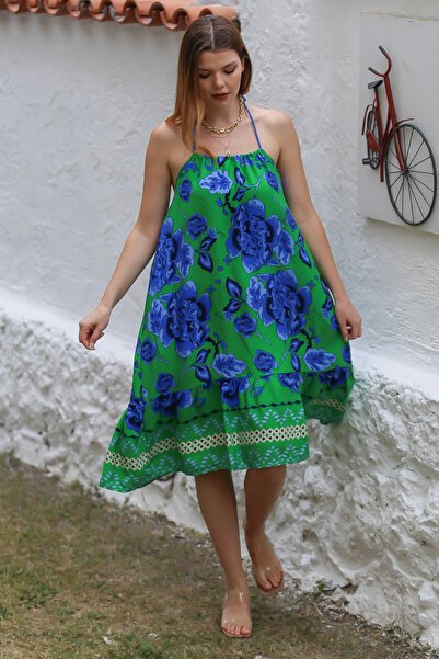 Chiccy Fustă cu volan albastru - verde rochie casual imprimată peste tot