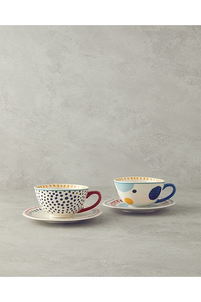 English Home Coachella Blend Stoneware 4-Piece 2-Person Cup Set Blue-Terracotta