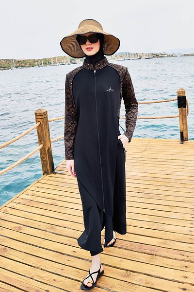 Haşema Σετ μαγιό με μοτίβο μαύρο γιλέκο πλήρους μήκους 5 τεμαχίων 4053