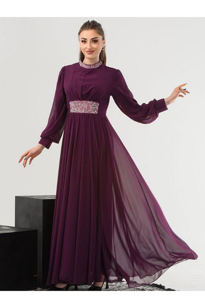 BERNEO Stone Detailed Women's Hijab Evening Dress - Waist and Collar with Stones