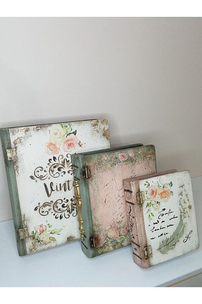 IremTasarimAtolyesi Home Decoration Accessory Book Box Set 3 Pieces Wooden Decor