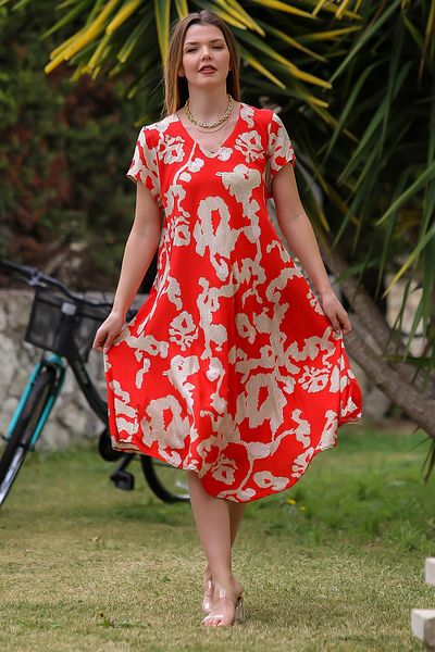 Chiccy Rochie midi Rosie - Decolteu in V, mânecă scurtă, fustă Ovala, Imprimat Allover, Casual