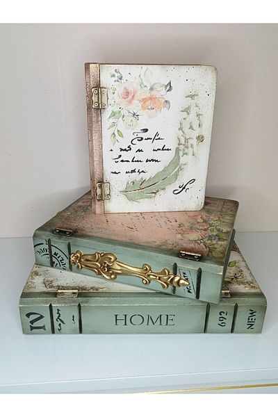 IremTasarimAtolyesi Home Decoration Accessory Book Box Set 3 Pieces Wooden Decor