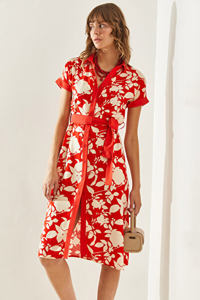 Bianco Lucci Leaf Patterned Women's Midi Dress - Belted and Buttoned 245560251317