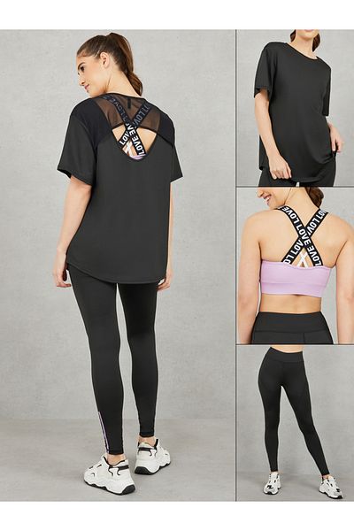 Styli Pack of 3 - Mesh Back Detail T-Shirt Crossback Strap Sports Bra and Stitch Detail Legging Active Set