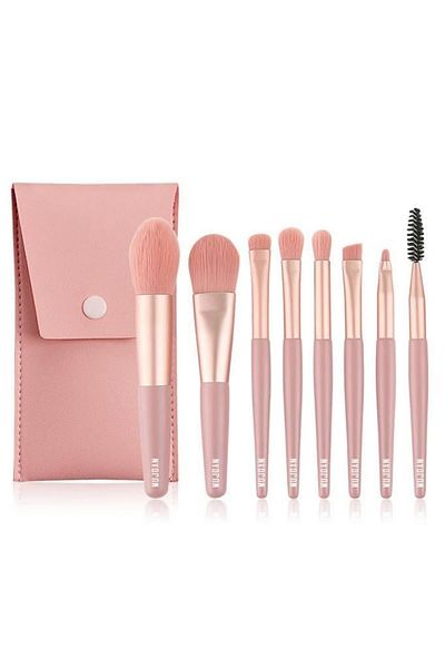 MUJGAN Set de pensule de machiaj cu 8 pensule de culoare caramida cu carcasa roz