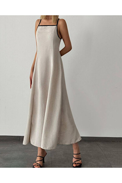MEECY Λινό Κρεμ Φόρεμα - Μοντέλο με λουράκι