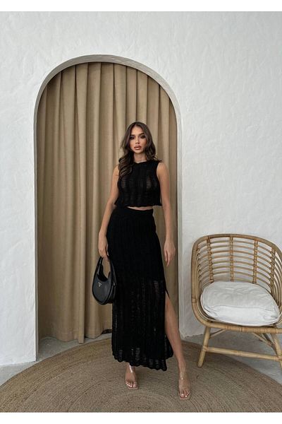 İLKCET MODA Set tricotaje ajurate fustă-bluză damă