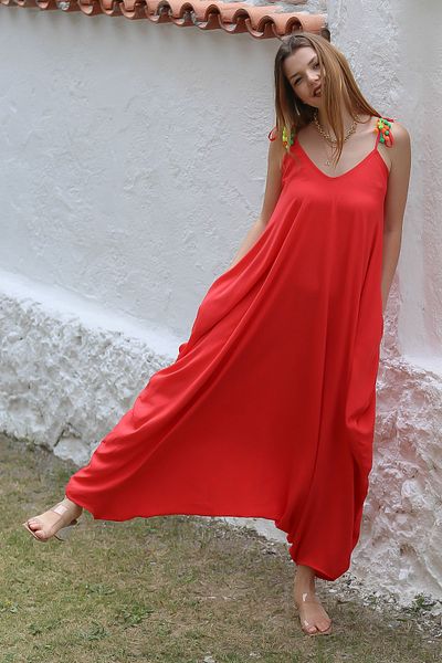 Chiccy Red Oversize Woven Baggy Leg Jumpsuit - V-Neck, Straps and Pockets