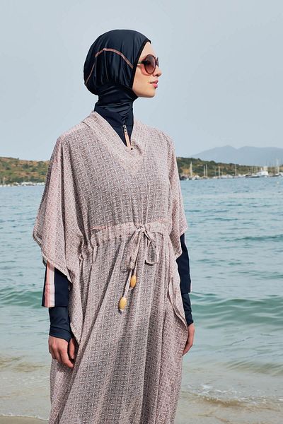 Haşema Patterned Beige Long Pareo 4099