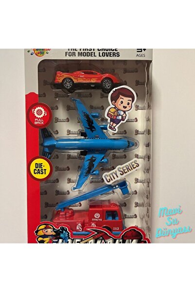 mavi su dünyası İtfaiye Araç Seti Araba Uçak ve İtfaiye 3 Lü Çek Bırak Araç S...