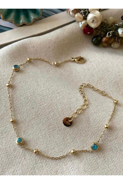 SU PERİSİ TAKI BİJUTERİ Steel Gold Evil Eye Bead Anklet