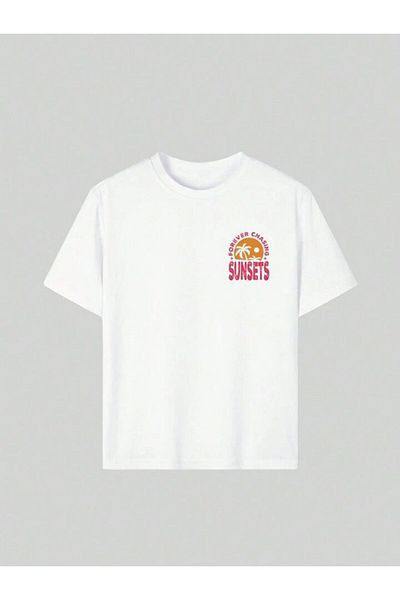 MORNİNG KİDS Fata - Tricou din bumbac pieptănat alb cu imprimeu Sunsets