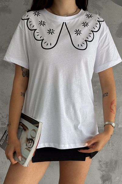 FEMELLE Tricou alb din bumbac - damă, împânzit cu pietre perle