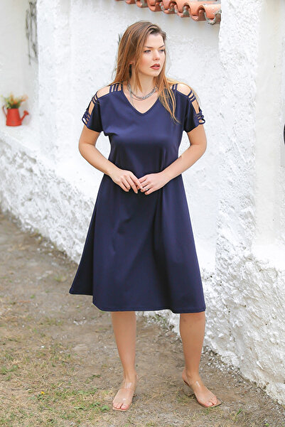 Chiccy Lacivert V Yaka Düşük Kol Omuz Dekolteli Örme Casual Elbise