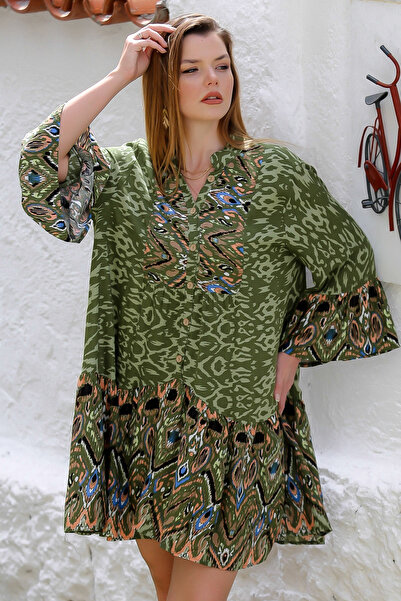 Chiccy Allover Printed Casual Dress with 3/4-Sleeve Buttons and Ruffled Skirt - Khaki