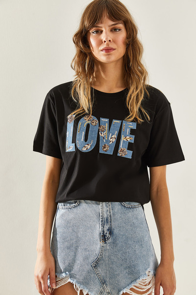 Bianco Lucci Love Written Women's Combed Cotton T-Shirt - Embroidered Detail60251290