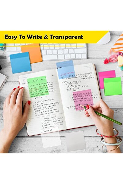 Janissary 6 Adet (300 syf) Renkli Şeffaf Yapışkanlı Notlar, 76x76mm 6 Renk Yarı Saydam Şeffaf Post-it