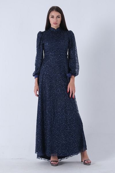 Feminist Navy Blue Hijab Evening Dress - Prevailing Collar, Glitter and Ankle Tie6502480