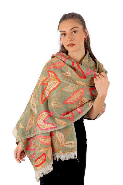 Bursa İpek Green Embroidered Marimo Wool Shawl