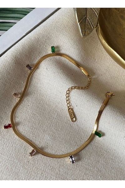 SU PERİSİ TAKI BİJUTERİ Steel Gold Italian Chain and Colorful Baguette Stone Anklet