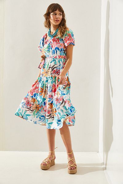 Bianco Lucci Floral Pattern - Belted Elastic Waist Dress 593460251339