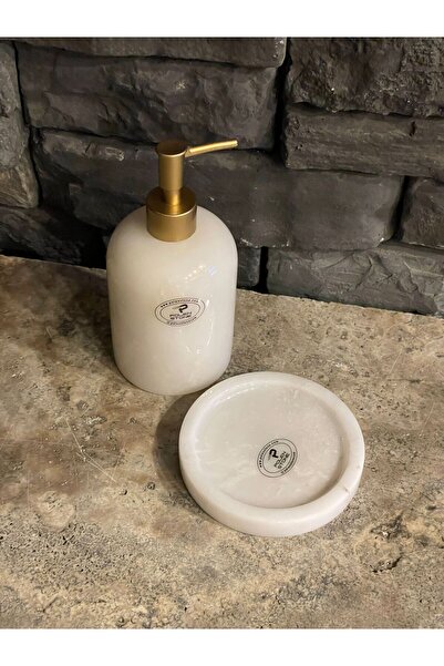 Polen Stone 1st Class Craftsmanship White Marble Matte Gold Detailed Liquid Soap and Tray Set of 2