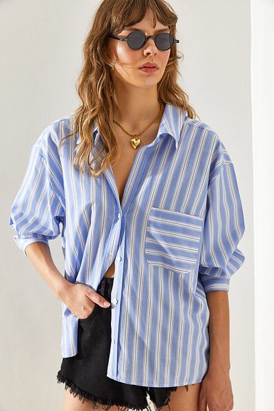 Bianco Lucci Gestreiftes Oversize-Shirt mit V-Ausschnitt für Damen - 445860251331