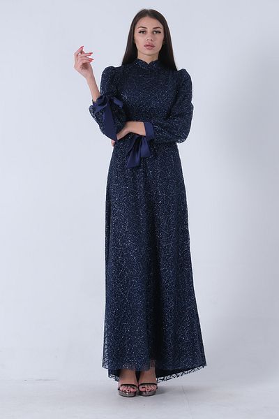 Feminist Navy Blue Hijab Evening Dress - Prevailing Collar, Glitter and Ankle Tie6502480