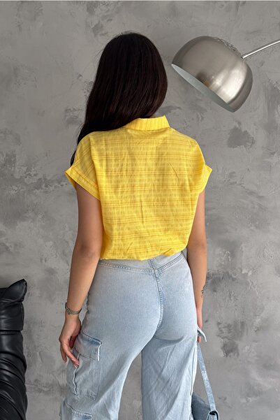 FEMELLE Women's Yellow Crop Shirt - Short Sleeve and Drawstring Waist