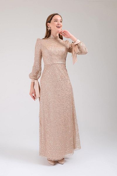 SpringStore Rochie de seară Hijab cu fundă argintie - Rochie cu mâneci aurii
