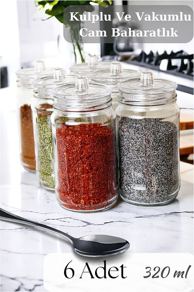 Serin Bardak Glass Spice Set with 6 Handles and Vacuum Lid