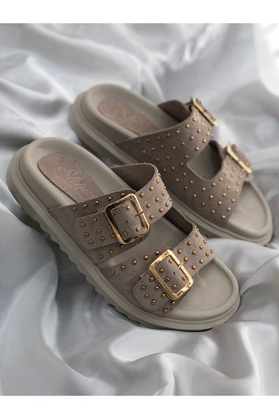 Hg Ayakkabı Jelena Beige Suede High Slippers - 3 cm