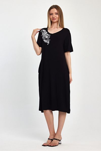 AYASOFYA OTANTIK Black Embroidered Short Sleeve Women's Combed Cotton Dress