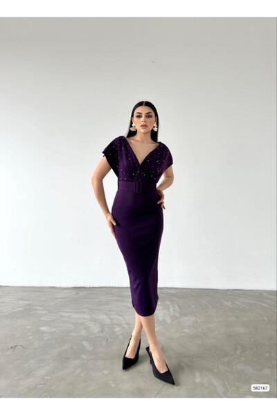 Genel Markalar Kadın Kemerli İnci Detay Dalgıç Kumaş Abiye Elbise (Renkli)