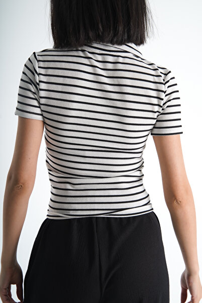 Moda Değirmeni Γυναικείο μπλουζάκι Polo Neck Λευκό-Μαύρο Βάφλα BG1191-314-0001