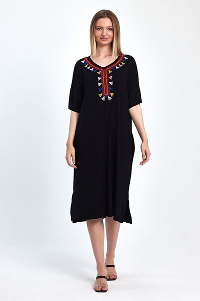 AYASOFYA OTANTIK Black Embroidered Women's Combed Cotton Dress