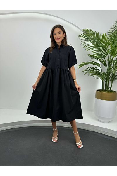 Elif Özbey Butik Rochie neagră din Gabardine, cu buzunare cu mâneci cu balon