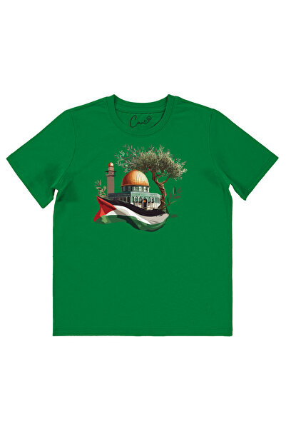 Çapıt تي شيرت أخضر قصير الأكمام للأطفال مطبوع عليه القدس الفلسطينية - 100% قطن