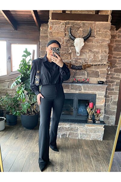 Millagros feel good with us Siyah Çizgili Fit Pantolon