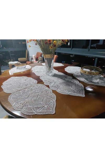 CAMİNHO DA LUA Ottoman 5 Piece Luxury Runner Living Room Coffee Table Tablecloth Set French Laced Dowry Set Cream