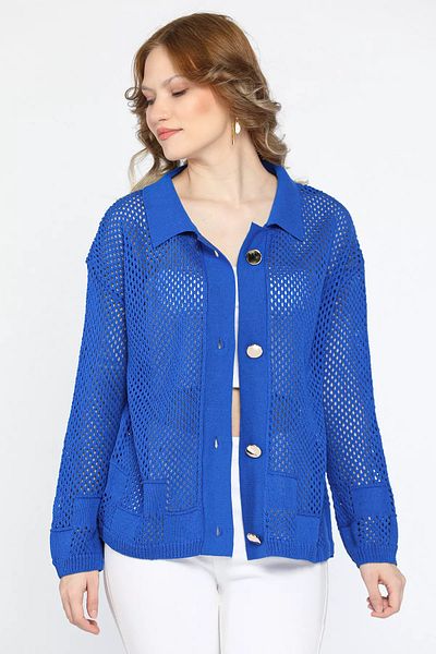 GÜLSELİ Gold Buttoned Openwork Women's Knitwear Cardigan - Sax Blue