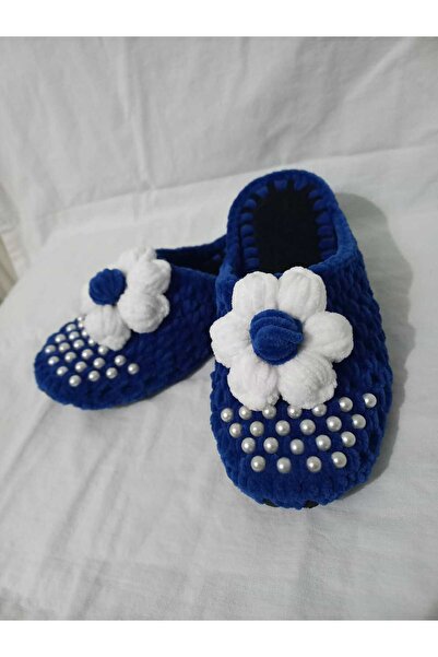 MERUT STYLE HAYATINI RENKLENDİR El Örgüsü Ev Terliği Kadife Ip Mavi Inci Detaylı