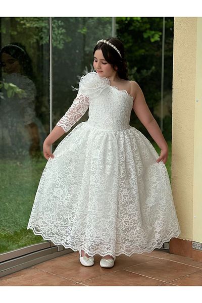 Sare Çocuk Giyim White Single Sleeve Laced Girl's Evening Dress