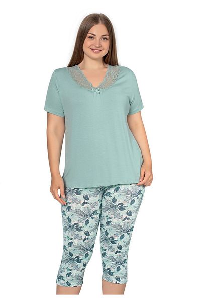 Cotpark Women's Plus Size Viscose Combed Cotton Fabric Short Sleeve Capri Suit with Tights 14555
