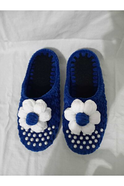 MERUT STYLE HAYATINI RENKLENDİR El Örgüsü Ev Terliği Kadife Ip Mavi Inci Detaylı