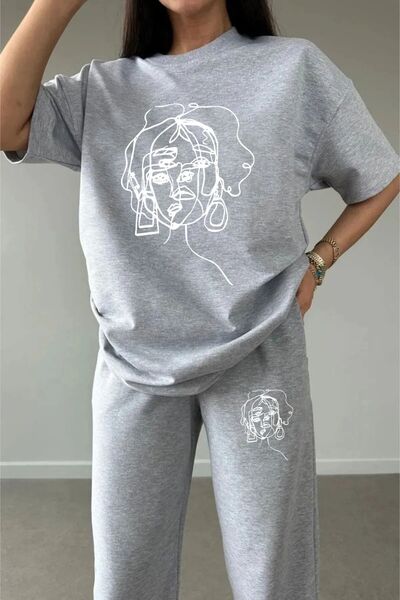 LAND MODA Női esztétikus tréningruha szett - rajzos nyomott póló és melegítőnadrág