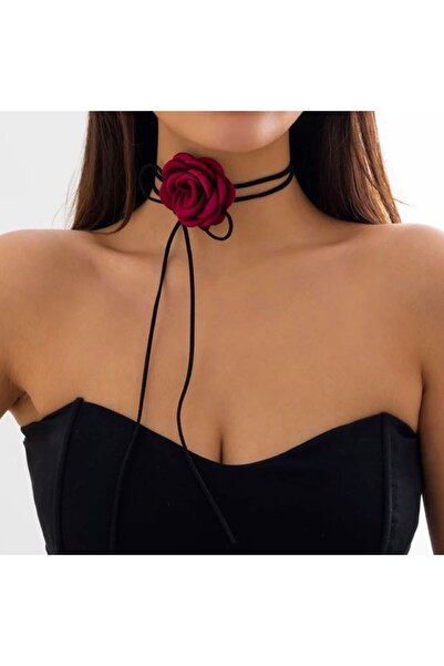 CASELN Bordo Gül Siyah Bağcık Detaylı Saten Kolye Choker Kolye Özel Günler